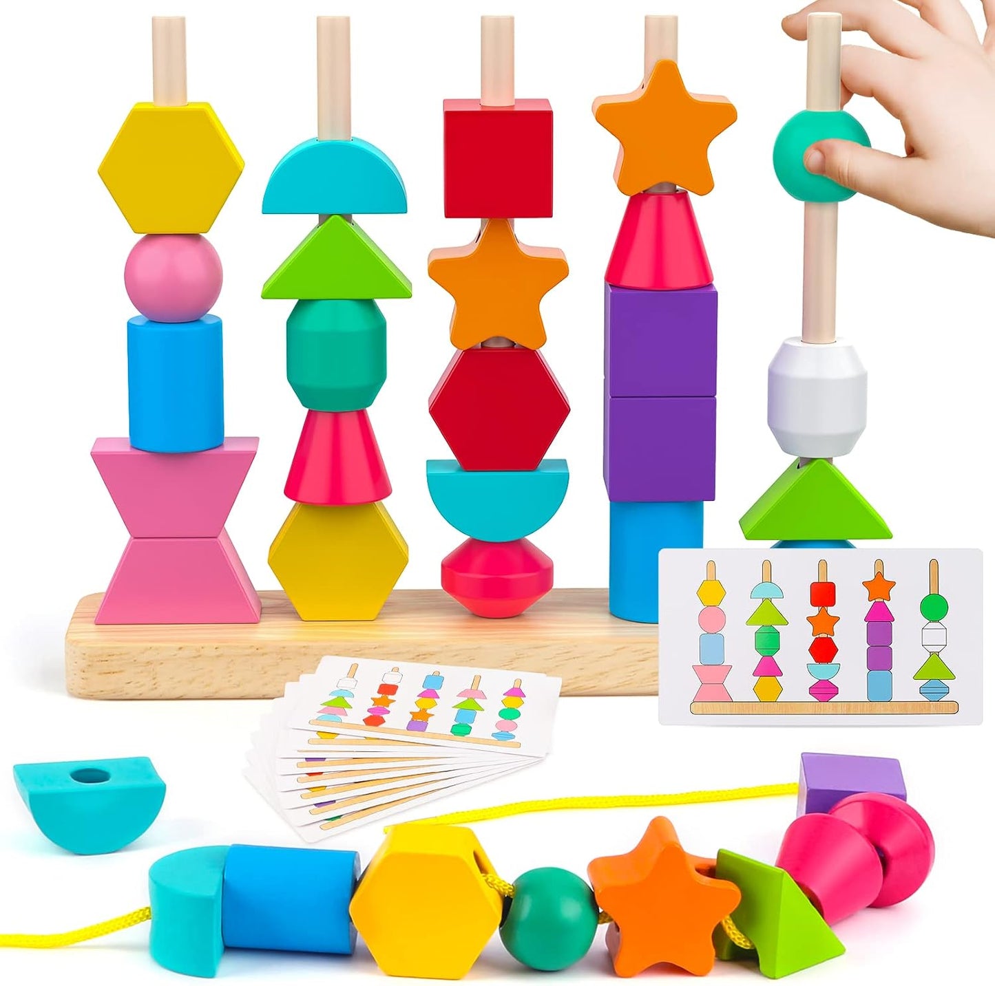 Hot Montessori Wooden Beads Sequencing Toy Set, Stacking Blocks & Lacing Beads & Matching Shape Stacker, Montessori Toys for 3 4 5 Year Old STEM Preschool Learning Toys Gifts for Kids Boy Girl Toddler