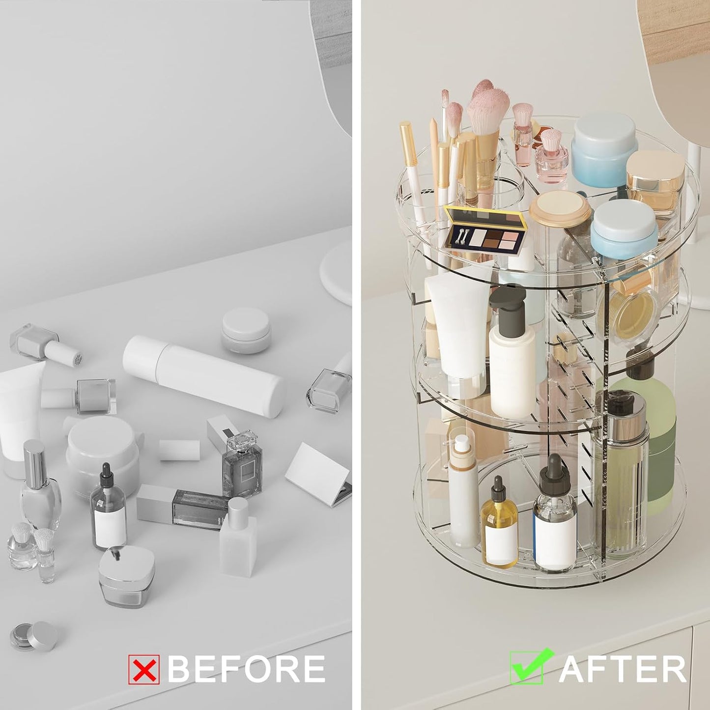 HotRotating Makeup Organizer, DIY 8 Adjustable Layers Spinning Skincare Storage, Cosmetic Display Case with Brush Holder and Perfume Tray, Multi-Function Vanity Bathroom Countertop Organizer Clear