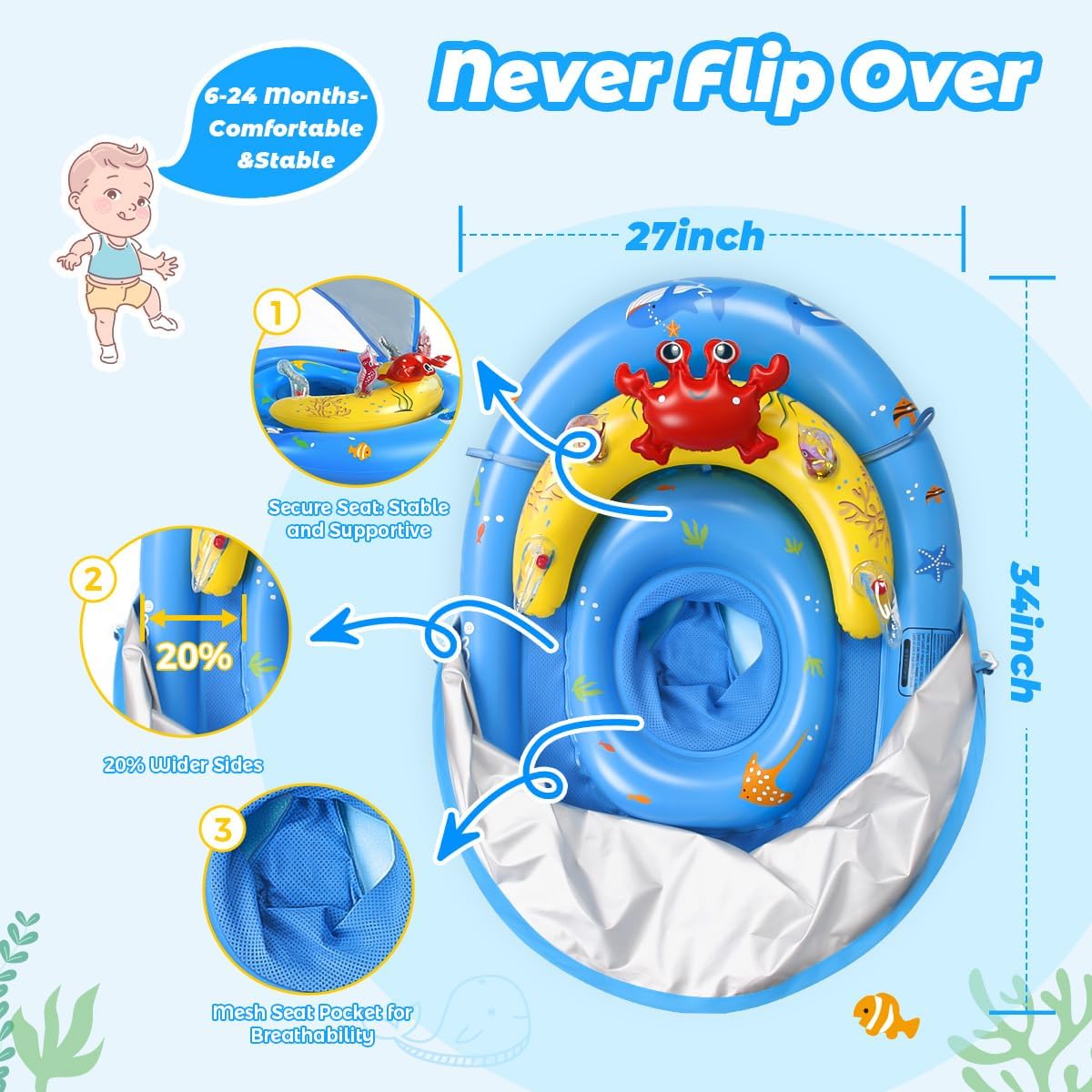 HotLAYCOL Baby Pool Float with Canopy UPF50+, 120°Adjustable Sun Protection and Anti-Tip Safety Seat, Inflatable Toddler Floaties Infant Pool Float with Animal Pool Toys, Baby Beach Essentials for 6-36M