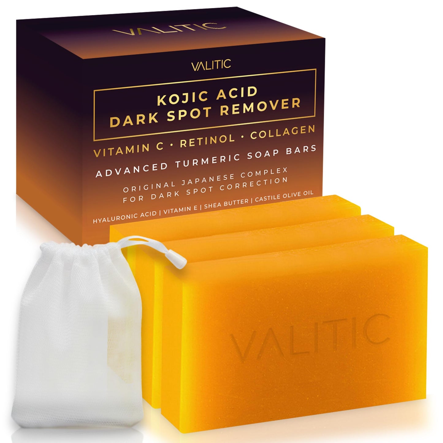 HotVALITIC Kojic Acid Dark Spot Remover Soap Bars with Vitamin C, Retinol, Collagen, Turmeric - Original Japanese Complex Infused with Hyaluronic Acid, Vitamin E, Shea Butter, Castile Olive Oil (2 Pack)