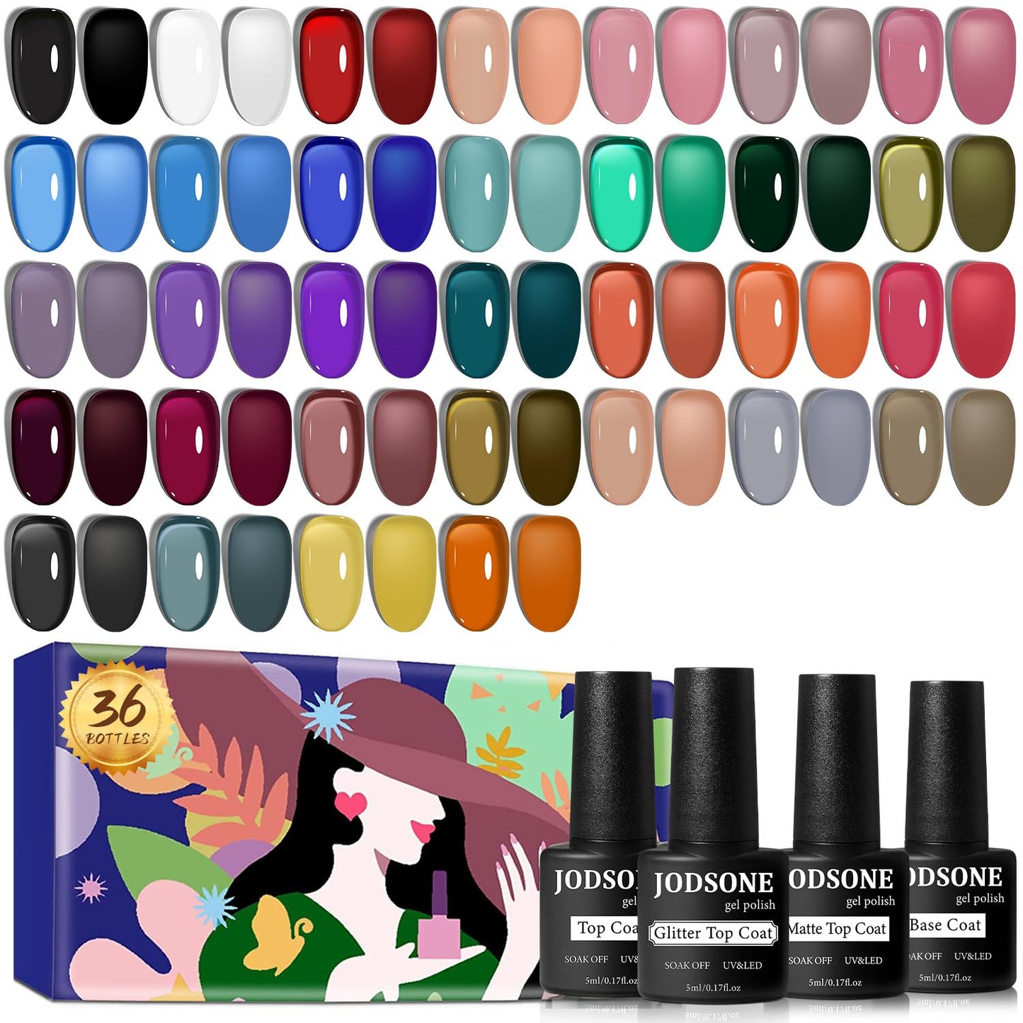 HotJODSONE 36 PCS Gel Nail Polish Set-32 Colors Gel Polish Kit Base Coat Glossy Matte and Glitter Top Coat Nail Polish Set Green Blue Red Pink Collection Gifts for Women