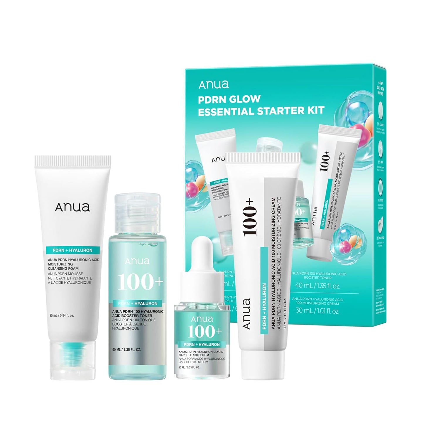 HotAnua Salmon DNA PDRN Glow Essential Starter Kit, Hyaluronic Acid Skincare Set, Glass Skin Routine with Firming & Hydrating Cleanser, Toner, Serum & Cream, Mini Travel Essentials, Korean Skincare Gift