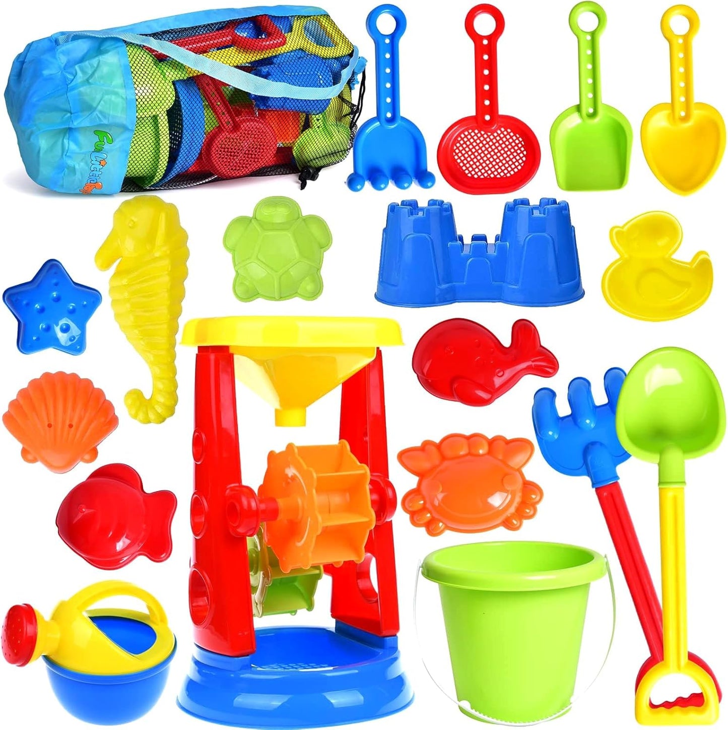 Hot Beach Toys, 19 Piece Sand Toys Set Kids Sandbox Toys Includes Water Wheel Beach Tool Kit Bucket Watering Can Molds with Mesh Bag for Kids Ages 3-13