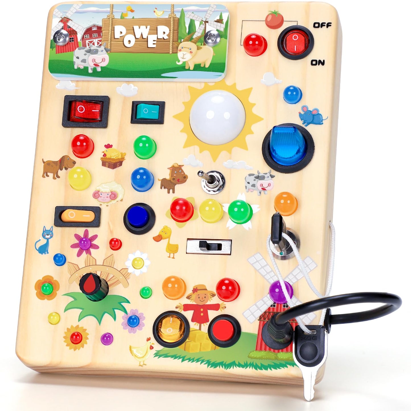 HotBusy Board with LED Light Switches, Montessori Toys for 1 2 3 Years Old, Toddlers Wooden Toy Sensory Activity Board, Travel Toys for 1+ Year Old Boy & Girl Birthday Gift