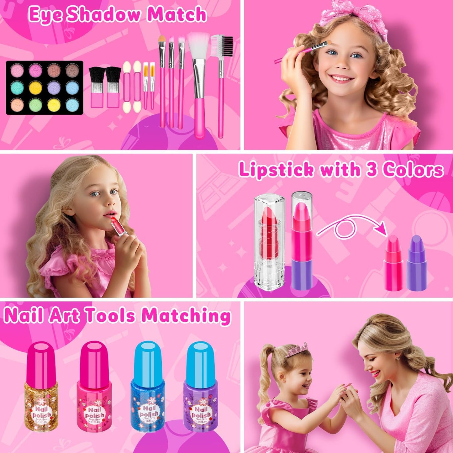 HotHollyhi 58 Pcs Kids Makeup Kit for Girl, Princess Toys Real Washable Cosmetic Set with Mirror, Kids Makeup Sets for Girls, Play Make Up Birthday Gifts for 3 4 5 6 7 8 9 10 11 12 Years Old Kid (Rose)