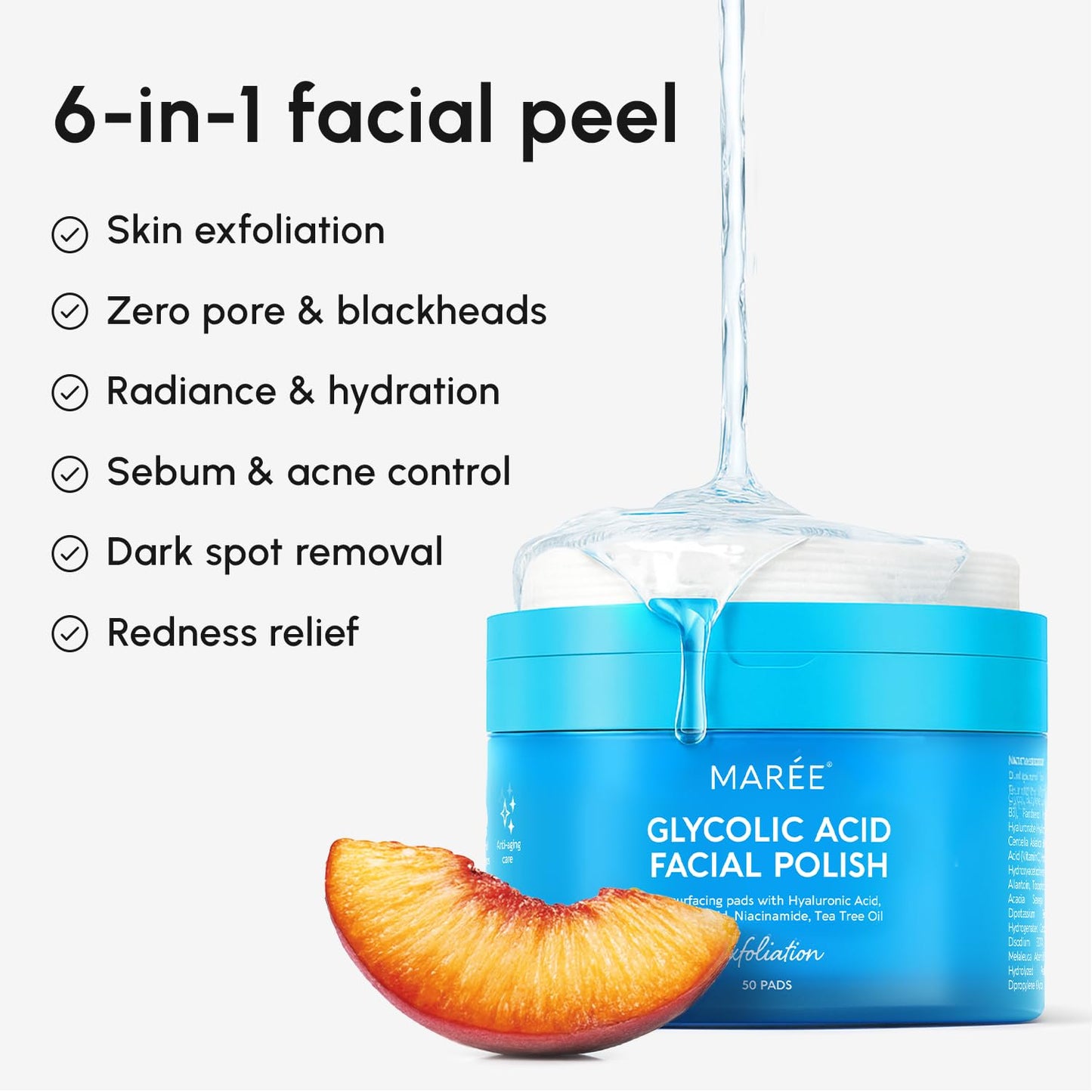HotMAREE Glycolic Acid Pads - Toner Pads for Face Cleansing - Exfoliating Pad with Tea Tree Oil, Salicylic Acid & Vitamins E, B3, B5 - Facial Polishes & Peels, Skin Pore Resurfacing & Radiance - 50 Count