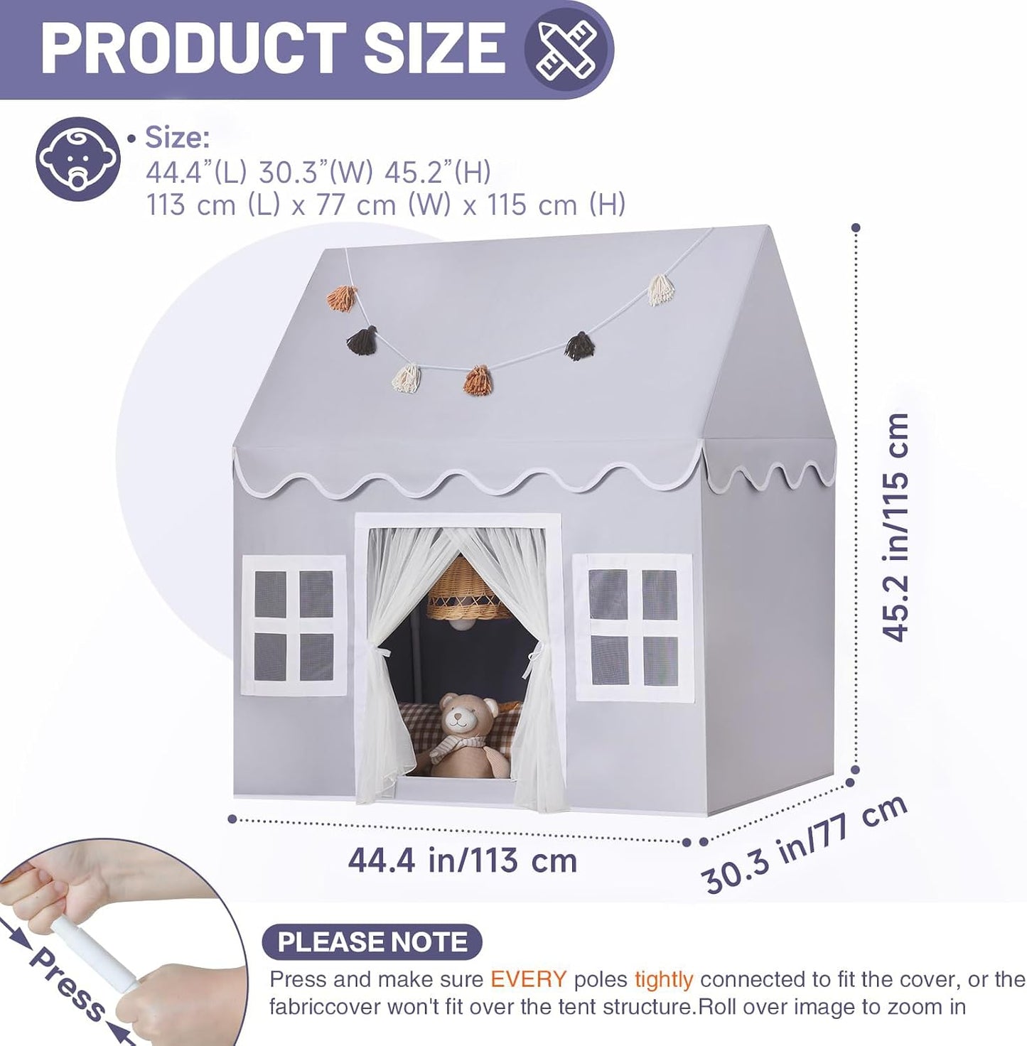 HotKids Play Tent Indoor: with Mat, Tassel Garland - Large Gray Kids Tent Indoor Playhouse for Kids Toys for Boy Girl Birthday Gift