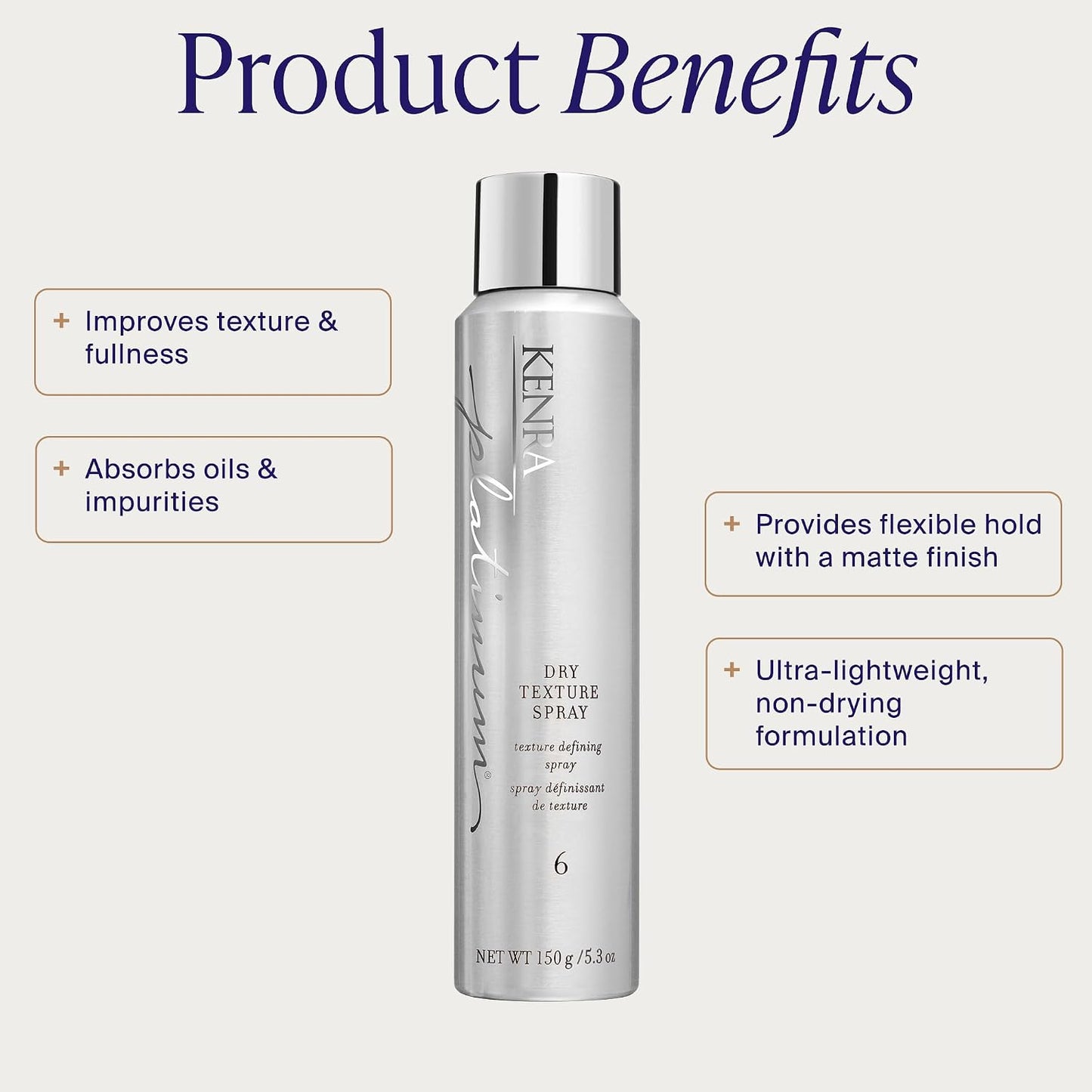 HotKenra Platinum Dry Texture Spray 6 | Texture Defining Styler | Increases Texture & Fullness | Absorbs Oils & Impurities | Ultra-Lightweight, Non-Drying Formulation | All Hair Types