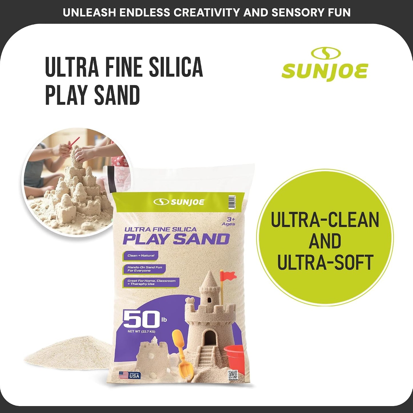 Hot Sun Joe Silica Play Sand for Sandbox, Sensory Table & Gardens, Ultra Fine, 50 Lb Bag - Indoor & Outdoor Craft Accessory for Molding, Digging & Sculpting, PLYSAND50