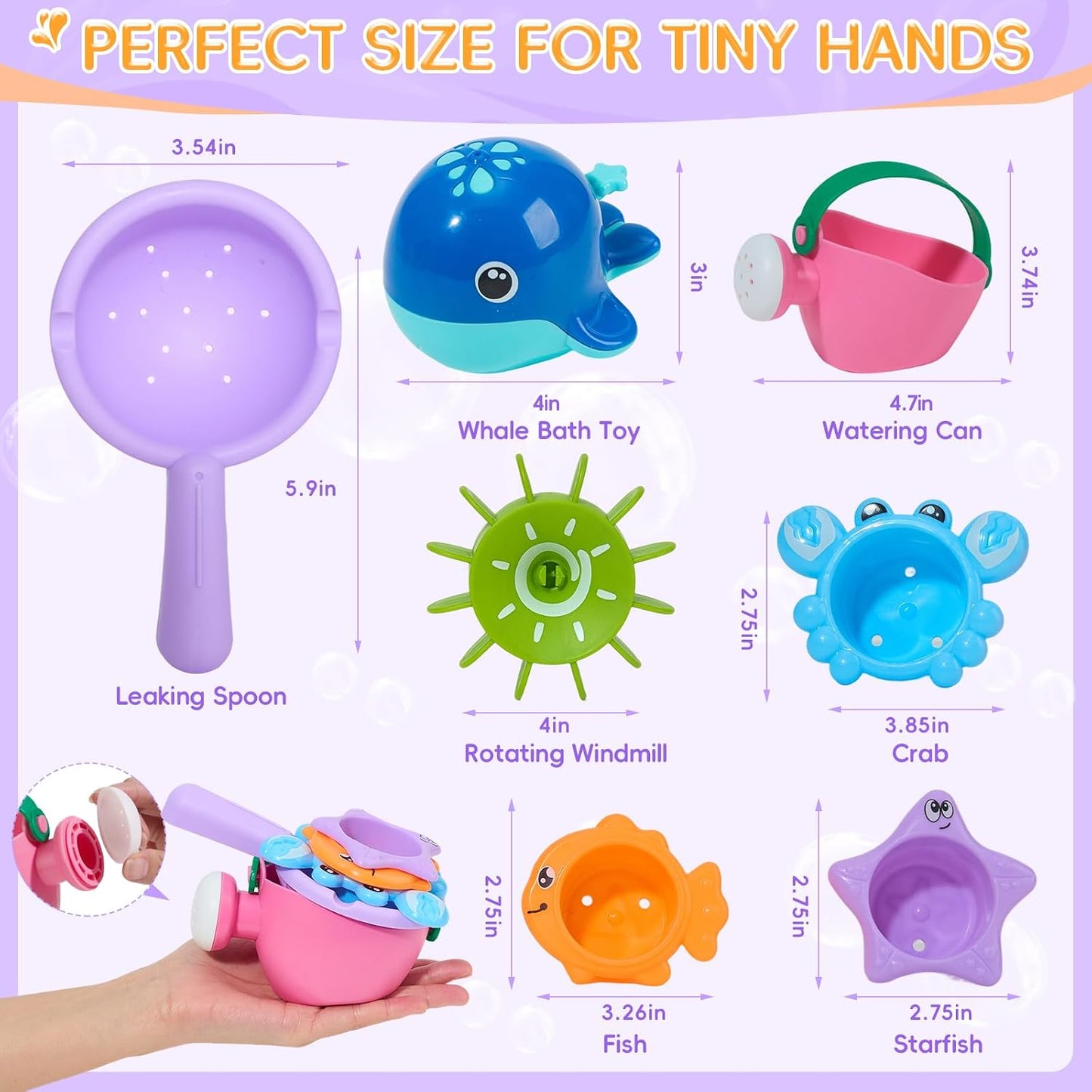 Hot Mold Free Bath Toys | Easy Clean & Fun Baby Bath Toys for Kids Ages 1-3 | Watering Can Bath Cups Water Wheel Whale Bath Toy for Babies 12+ Months | Bathtub Pool Water Toys for 1+ Year Old Girl Gifts