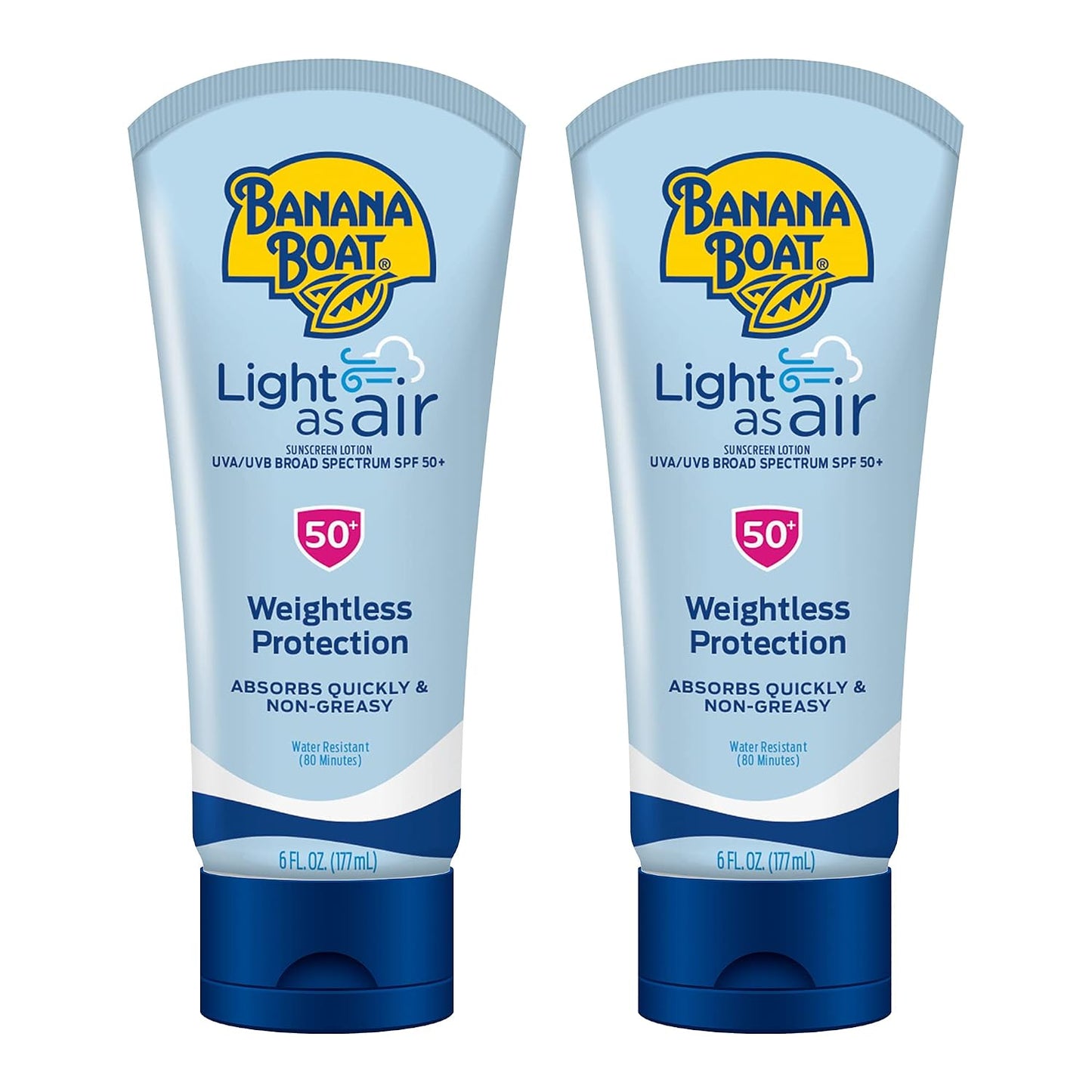 HotBanana Boat Light As Air Sunscreen Lotion SPF 50 Twin Pack | Lightweight & Non-Greasy Lotion Sunscreen SPF 50, Sunblock, Oxybenzone Free, 6oz each