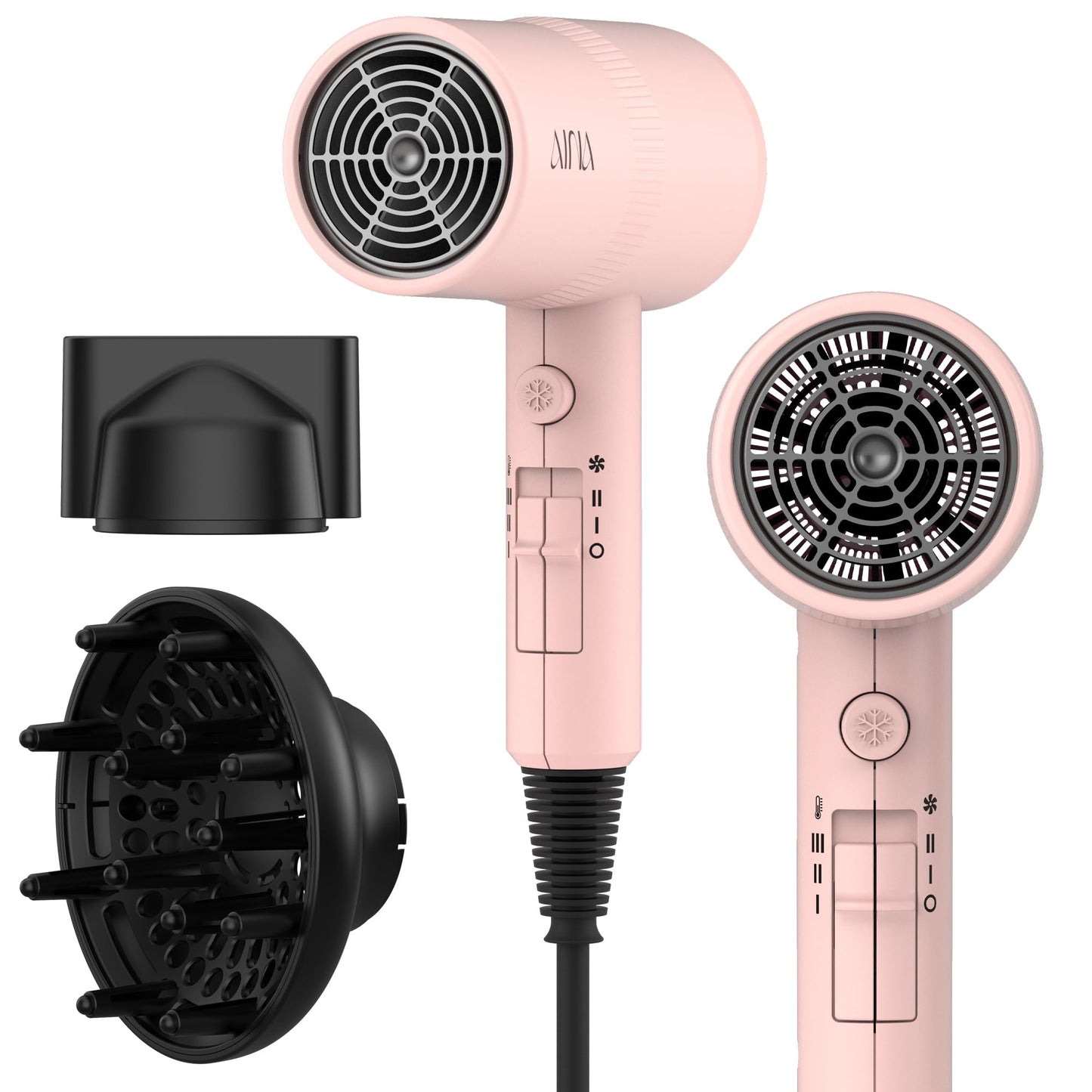 HotAINA Diffuser Hair Dryer Full-Featured Blow Dryer 110V/1600W(Vader Black) | 3 Heat/2 Speed|Cold shut button|Lightweight|Compact Size|High Temp|Low Airflow|Same Results|Less Expense