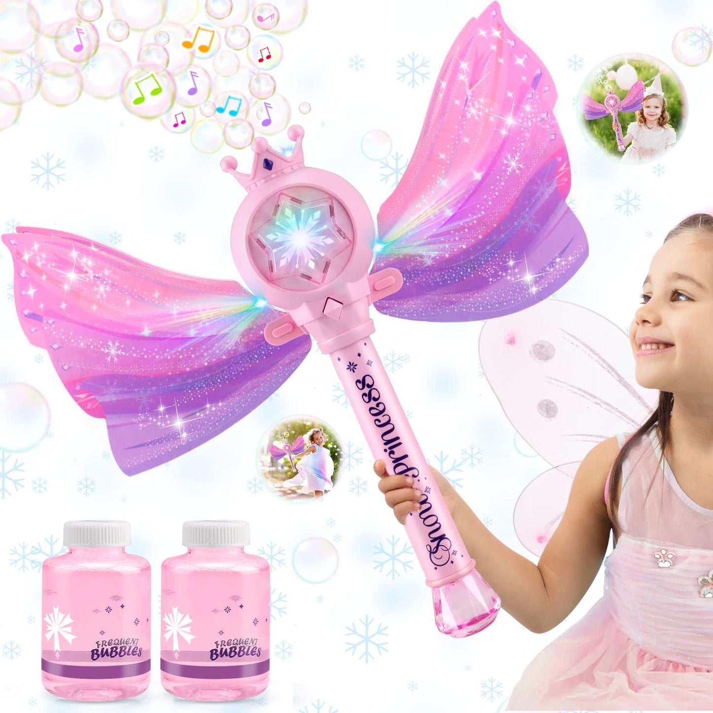HotBubble Wands for Kids Girls - LED Light & Music Bubble Machine: 3 AA Batteries & 2 Bubble Solutions, Outdoor Party Birthday Toys for Toddlers, Gift for 3 4 5 6 7 8 Year Old Girls