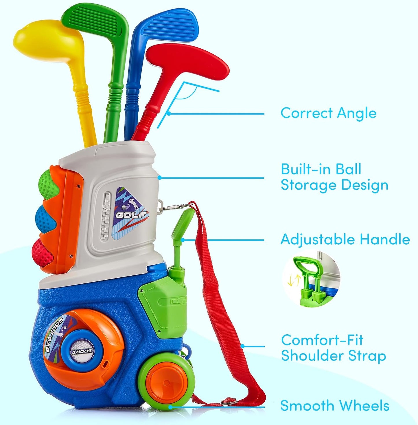 HotPJG Toddler Golf Set, Plastic Kids Golf Clubs Ages 1 2 3 4 Years Old with 4 Golf Clubs and 10 Balls, Indoor and Outdoor Golf Toys with Cart for Toddlers Boys and Girls Birthday Gift (Blue)