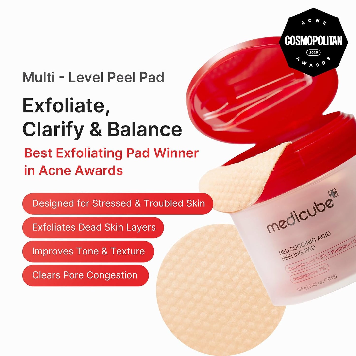 Hotmedicube Toner Pads Red Succinic Acid Panthenol Facial Peeling Pad | Exfoliating Toner Pad for Breakout-Prone Skin | Niacinamide, AHA, BHA, and Soothing Panthenol - Non-Comedogenic, 70 Pads (1 Pack)