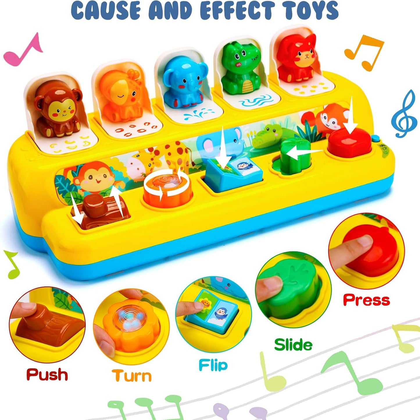 HotInteractive Pop up Animal Toys with Music & Light, Montessori Cause and Effect Toys for 1 Year Old Boy Girl Early Learning Musical Baby Toy 12-18 Months STEM Toddler Toy Age 1-2 Gift for Infant