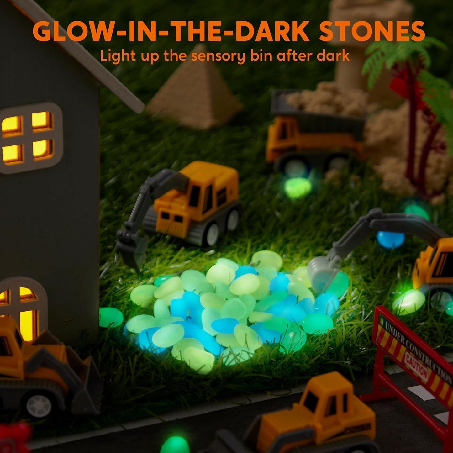 HotJOVA Klever Kits Construction Sensory Bin for Toddlers with Glow in The Dark Stones, Sandbox with Lid Castle Building kit, Preschool Learning Activities Gifts for Boys Girls Age 3+