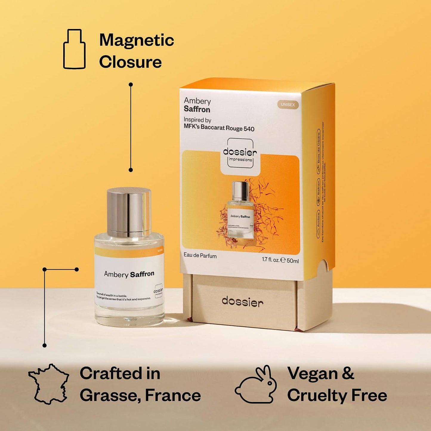 Hot Dossier - Ambery Saffron - Eau de Parfum - Inspired by Baccarat Rouge 540 - Long-Lasting Fragrance - Unisex - 1.7 fl oz (50ml)