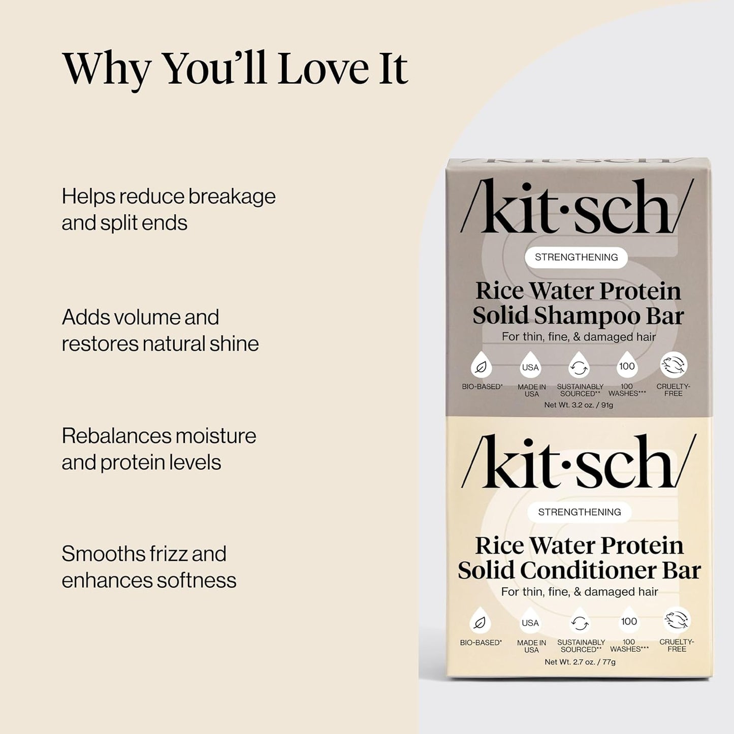 HotKitsch Rice Water Solid Shampoo and Conditioner Set for Hair Growth – 2 pcs | Strengthening Hair Care Duo w/ Rice Protein & Vitamins for Damage Repair – Paraben, Sulfate & Silicone Free, Made in USA
