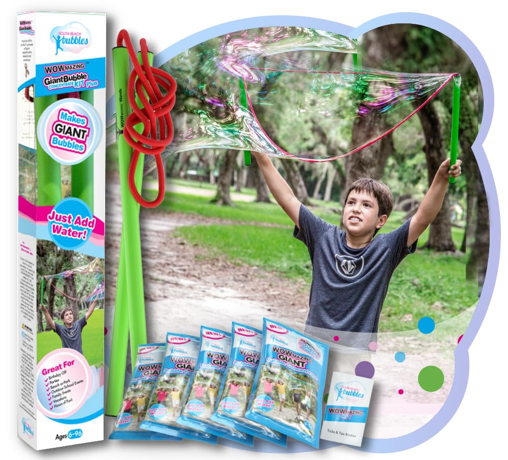 Hot WOWmazing Giant Bubble Wands Kit: (4-Piece Set) | Incl. Wand, Big Bubble Concentrate and Tips & Trick Booklet | Outdoor Toy for Kids, Boys, Girls | Bubbles Made in The USA