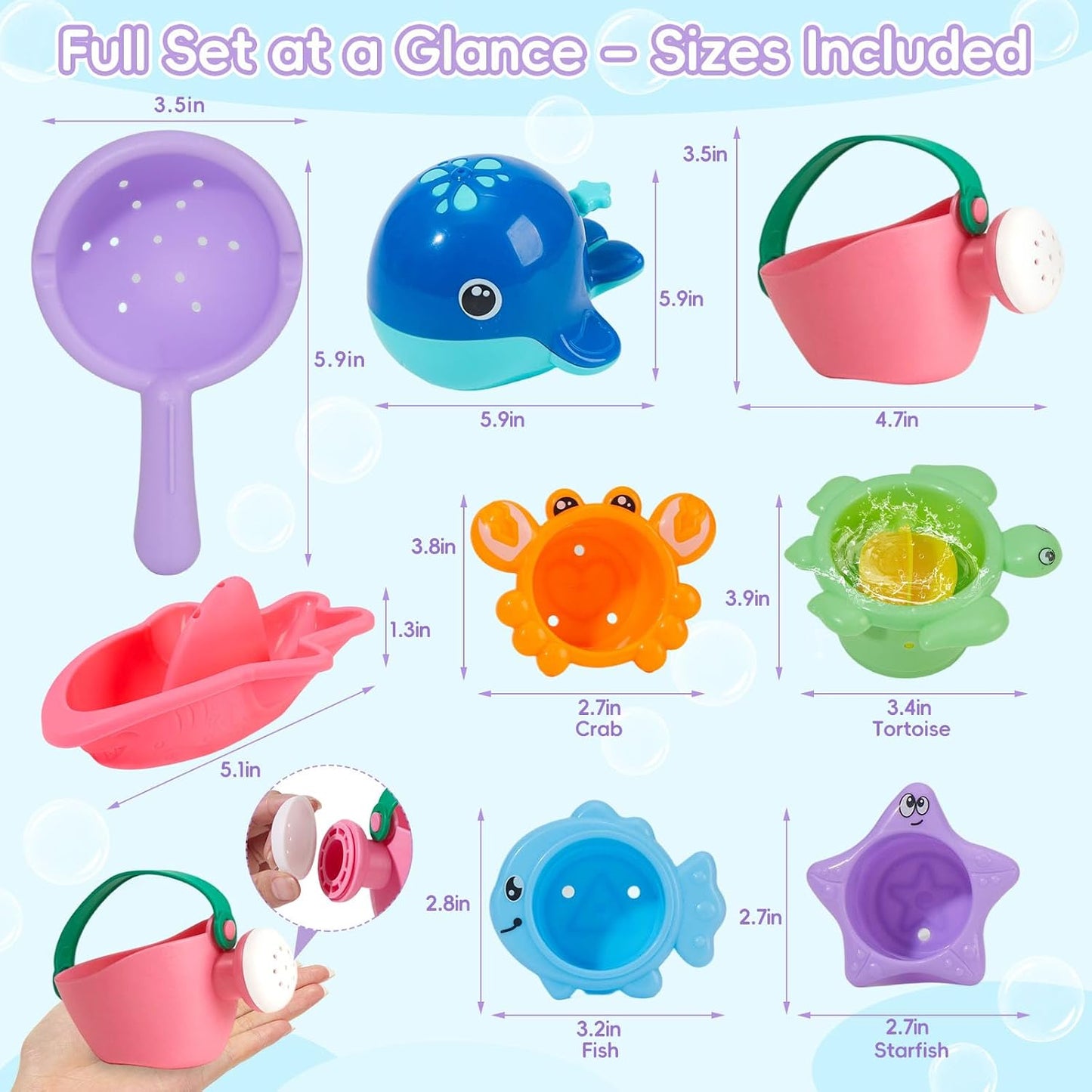 HotMold Free Bath Toys, 11PCS | Safe Easy Clean & Fun Floating Boats & Spoon & Watering Can and Whale Bath Toy for Babies 12+ Months | Colorful Bathtub Pool Water Table Sand Toys for Babies and Toddlers