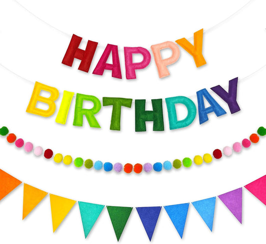 HotCANREVEL Pre-Strung 3D Rainbow Happy Birthday Banner, 3 PCS Happy Birthday Felt Sign, Pom Pom Garland, Triangle Fabric Bunting, Colorful Reusable Birthday Decorations for Women Men Girls Boys, Multi