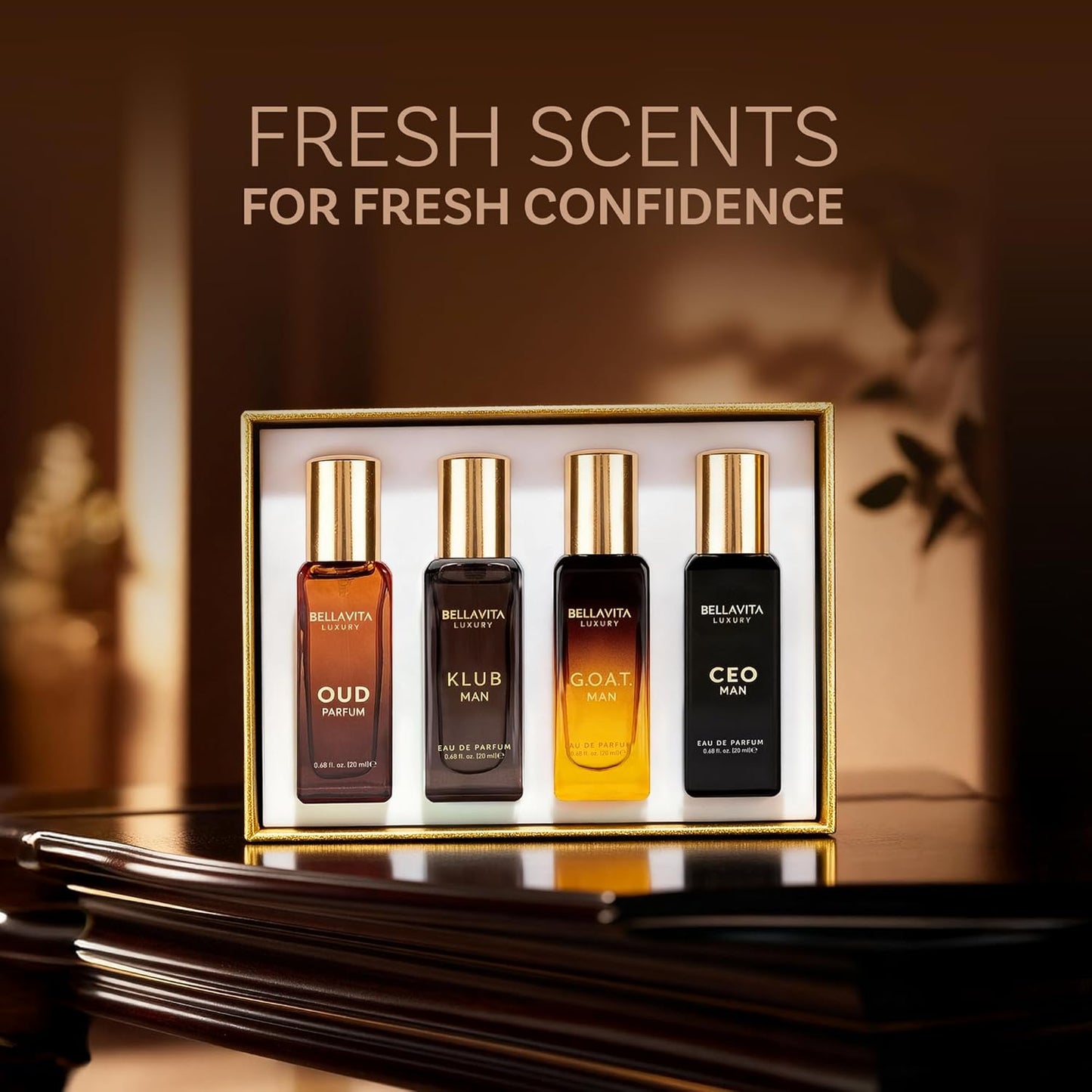 HotBellaVita Luxury Men's Perfume Gift Set with CEO Man, G.O.A.T., KLUB & OUD | 4 x 20ml (80ml) | Long Lasting Perfume for Men | Citrus, Woody, Patchouli & Caramel Notes | Gift for Father's Day