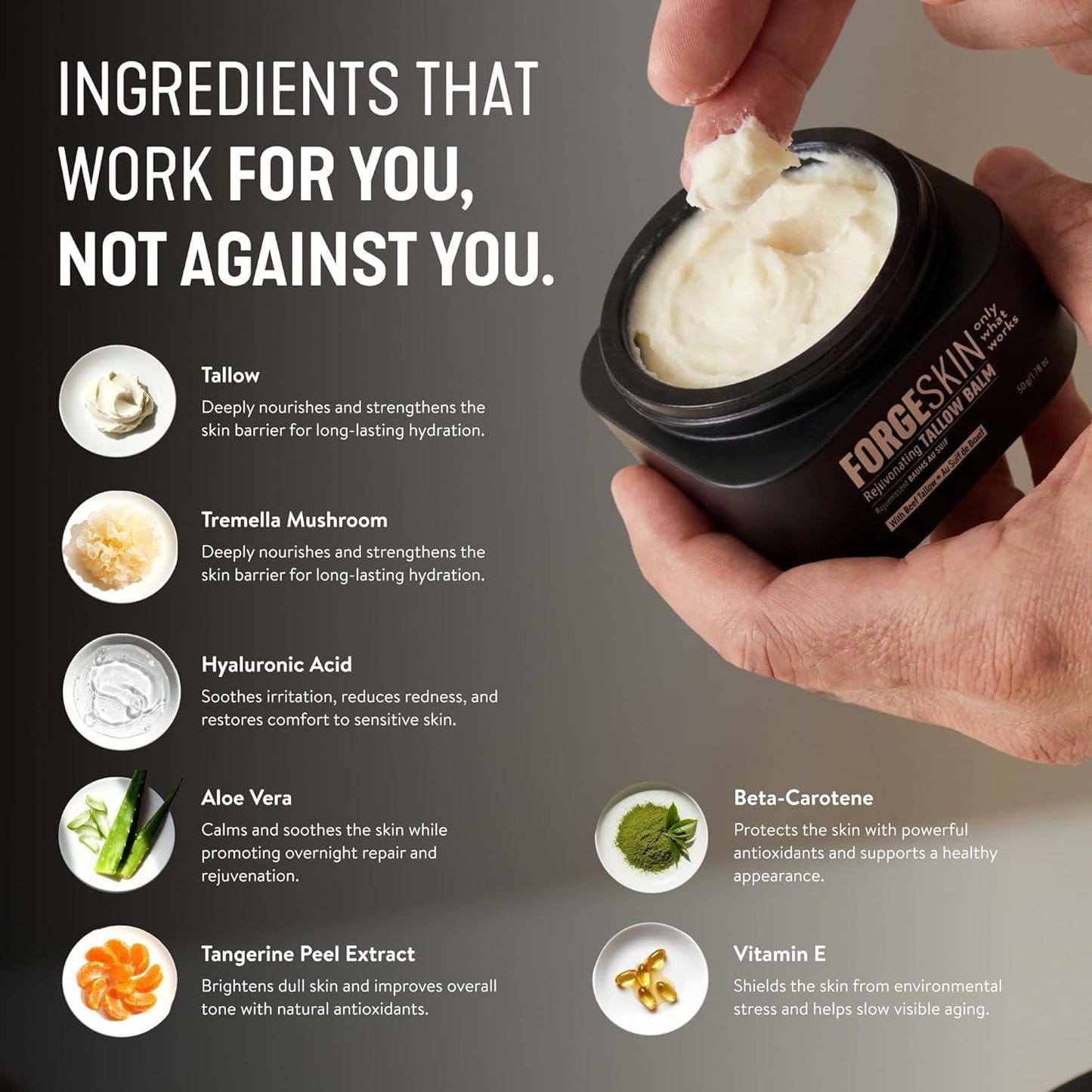 HotForge Skin Beef Tallow Balm Moisturizer for Men Skin Care - Face + Body Wrinkle Defense, Hydration Cream - Natural Skincare Lotion (1.7 OZ)