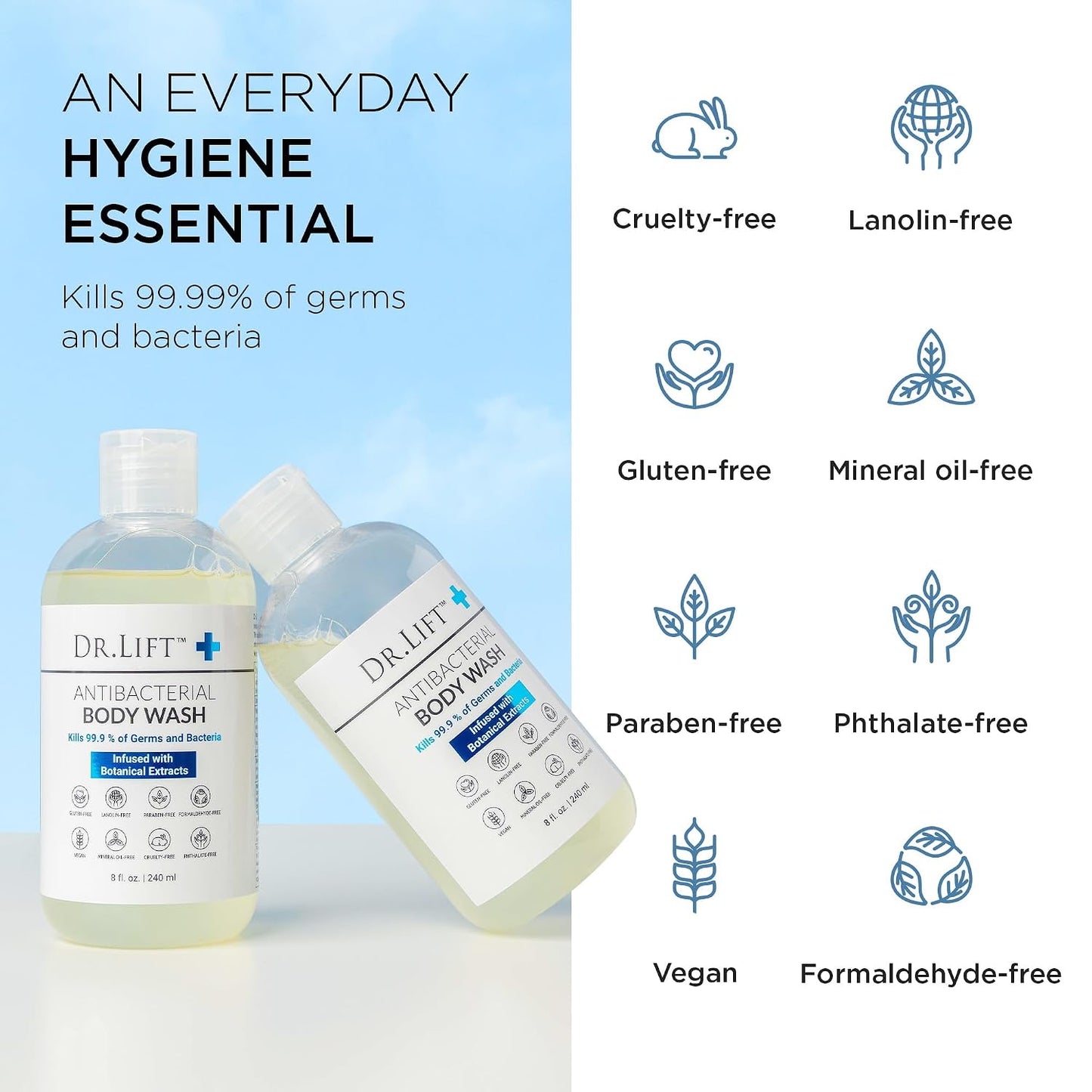 HotDr. Lift Antibacterial Body Wash, Lemon, Spirulina, Vegan, 8 Fl Oz | Refreshing Scent, Citric Acid, Hydrating Moisturizing Formula, Paraben & Phthalate Free