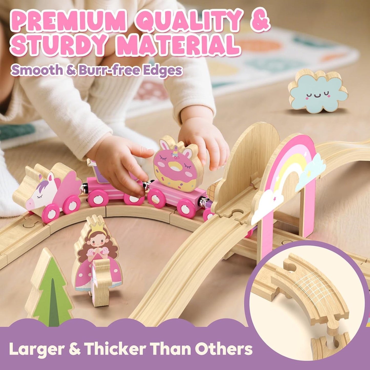 HotLehoo Castle Wooden Train Set for Girls, Pink Unicorn Train Set | Princess and Castle Pieces for Imaginative Play, Compatible with Most Wooden Train Tracks, Birthday Gift for Girls Ages 3-7