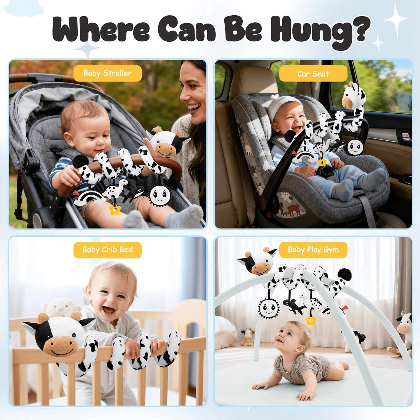 HotSpiral Car Seat Baby Toys 0-6 Months, Infant Carseat High Contrast Sensory Toys Hanging Stroller Accessories, Newborn Shower Gifts for Baby Boys Essentials Stuff, Cute Black and White Cow