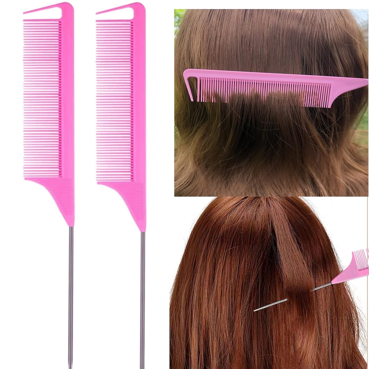 HotZVOREI 8Pcs Hair Brushes Set with 4Pcs Topsy Hair Tail Tools 1Pcs Bristle Teasing Hair Brush 1Pcs Edge Control Brush 2Pcs Metal Pin Rat Tail Combs for Woman Girl Hair Styling,Edge&Back Brushing,Pink