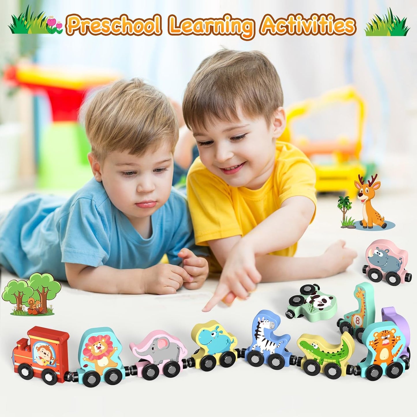 Hot Zeoddler Toys for Toddlers, 11 Magnetic Wooden Animals Train Set, Montessori Toys for Toddlers, Preschool Learning Activities for Kids, Birthday Gifts for Boys, Girls