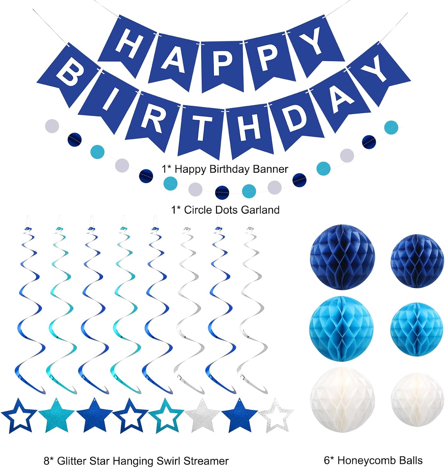 Hotmeowtastic Birthday Decorations Happy Birthday Banner with Honeycomb Balls | 16pcs Birthday Set: 1 Banner+6 Honeycomb Balls+8 Star Spirals+1 Circle Dots, Happy Birthday Decor - Blue