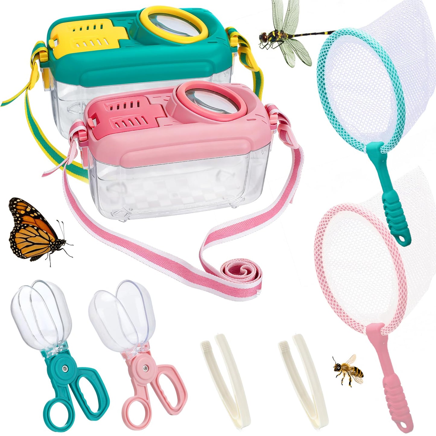 Hot 2Sets Bug Catcher for Kids - Sturdy Kids Bug Catching Kit Gifts with Collector Butterfly Net Tweezer, Bugs Habitat Outdoor Explorer Kit for Age 3 4 5 6 7 8, 8Pcs, Green & Pink