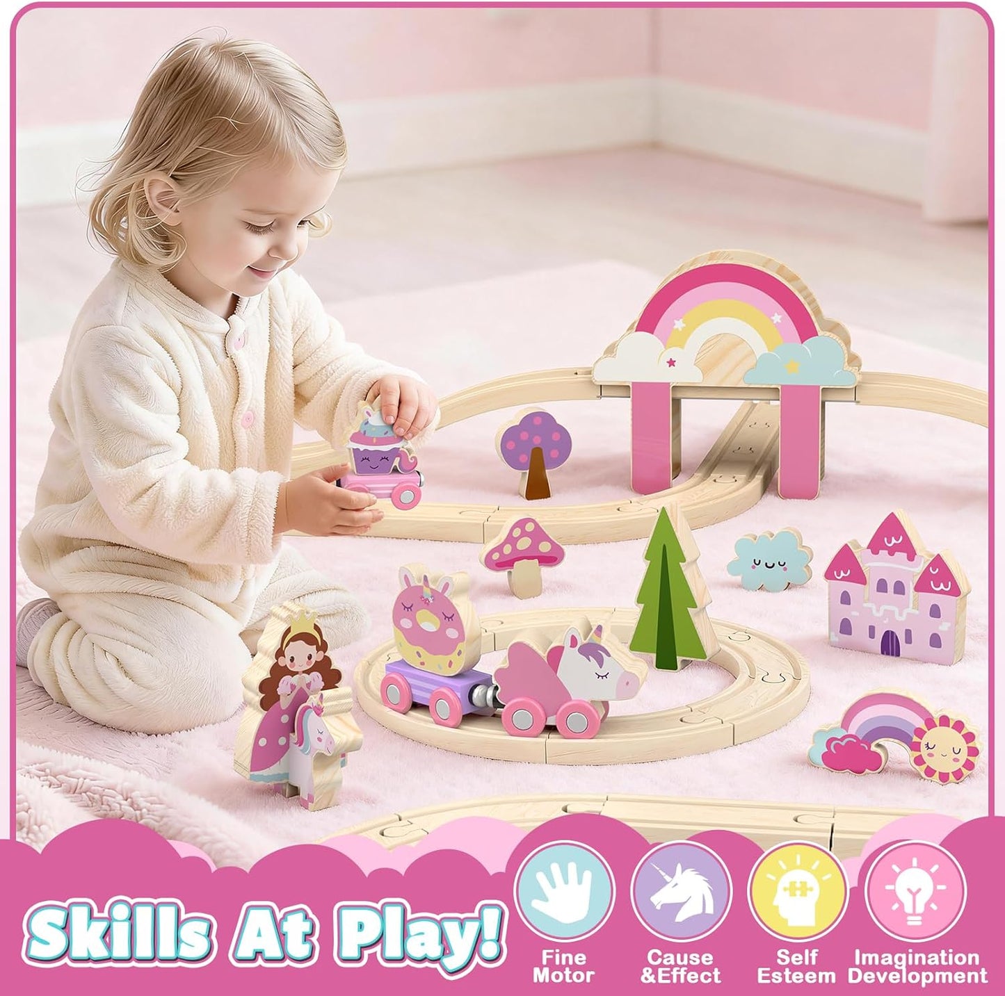 HotLehoo Castle Wooden Train Set for Girls, Pink Unicorn Train Set | Princess and Castle Pieces for Imaginative Play, Compatible with Most Wooden Train Tracks, Birthday Gift for Girls Ages 3-7