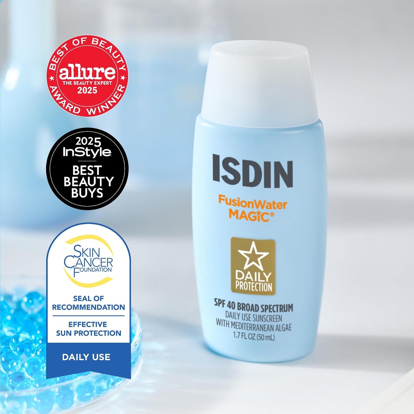 HotISDIN Fusion Water MAGIC SPF 40, Lightweight Sunscreen For Face with Hyaluronic Acid and Vitamin E, Ideal for Daily Use, Dermatologist Recommended, Fast Absorbing and Non-Comedogenic
