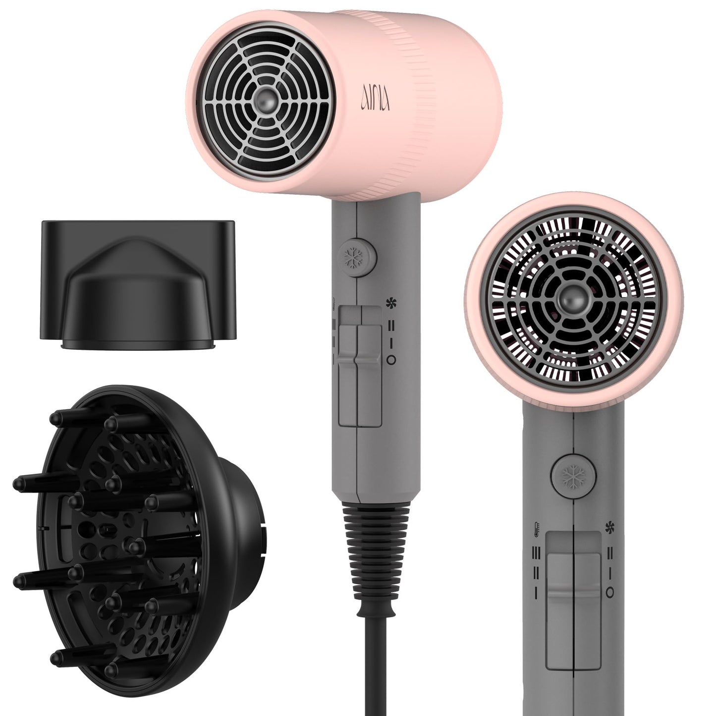 HotAINA Diffuser Hair Dryer Full-Featured Blow Dryer 110V/1600W(Vader Black) | 3 Heat/2 Speed|Cold shut button|Lightweight|Compact Size|High Temp|Low Airflow|Same Results|Less Expense