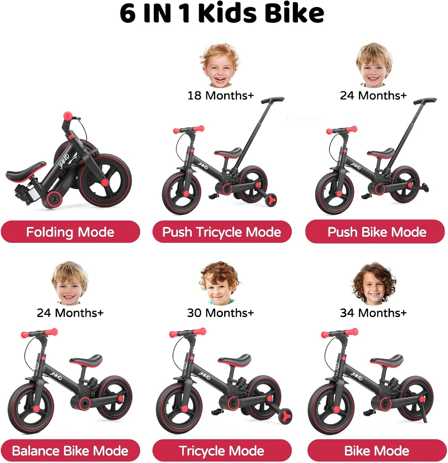 Hot JMMD 6 in 1 Toddler Bike with Push Handle for Kids 18-60 Months, 12" Foldable Balance Bike with Training Wheels, Pedals, Brakes, Kickstand, Push Tricycle Toddler Gift & Toys for Boy & Girl