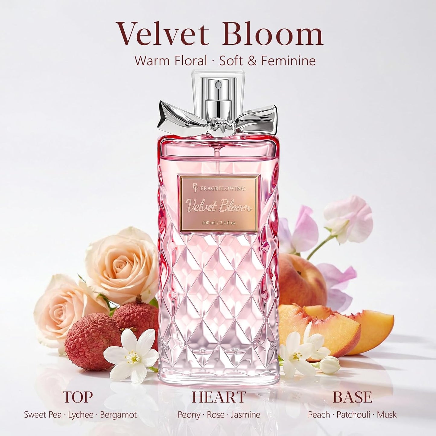 Hot Perfume for Women, Alcohol-Free Long Lasting Floral Fragrance, Light & Soft Scent with Rose, Jasmine & Peony, Peach, Patchouli & Musk Base, 100ml / 3.4 fl oz, Gift for Women & Moms (Velvet Bloom)