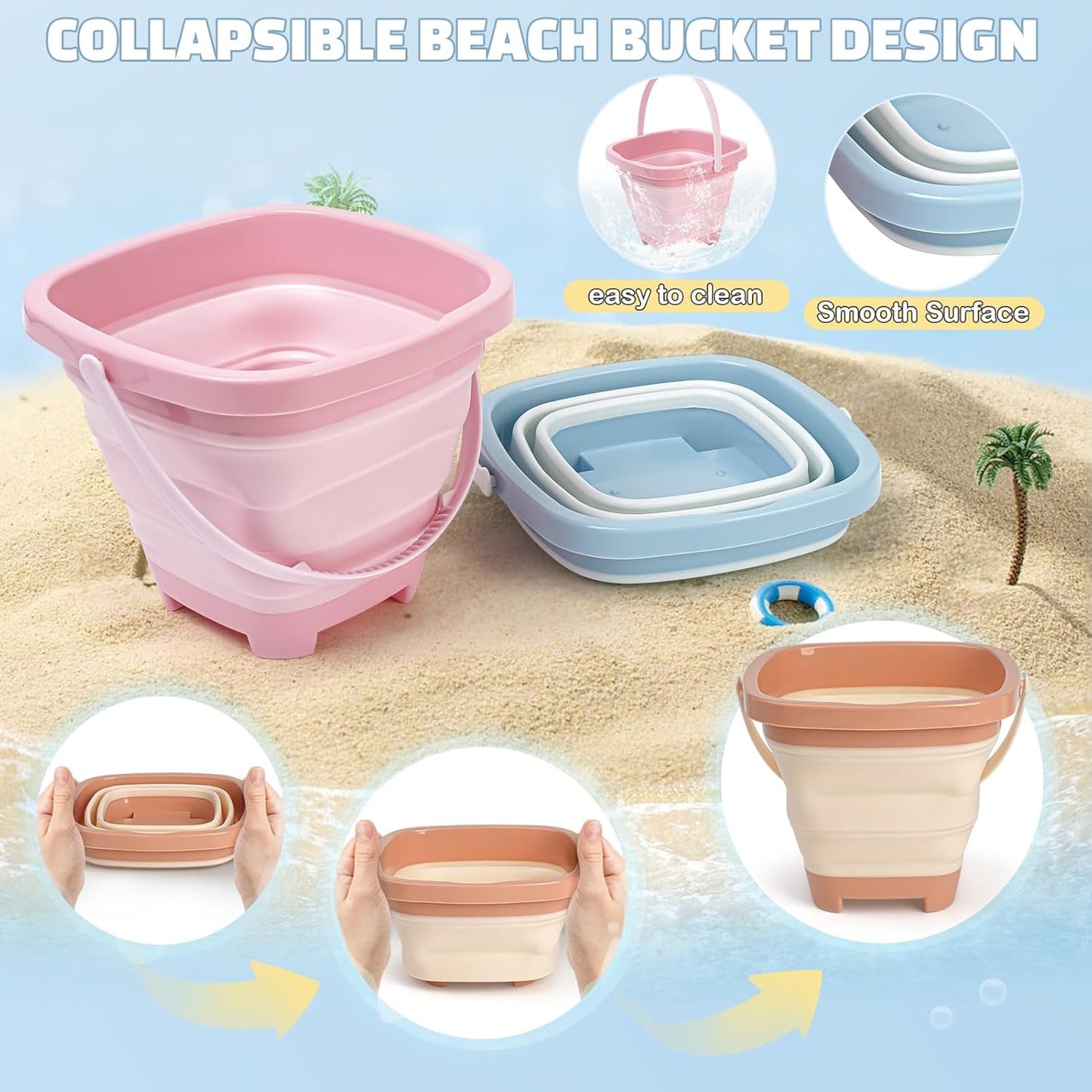 HotDreamon Beach Toys Set for Kids 3-10, Collapsible Sand Buckets with Beach Molds and Mesh Bag, 3 Pack Shovels Set Sand Toys for Beach, Sandbox Travel Toys for Toddlers Kids
