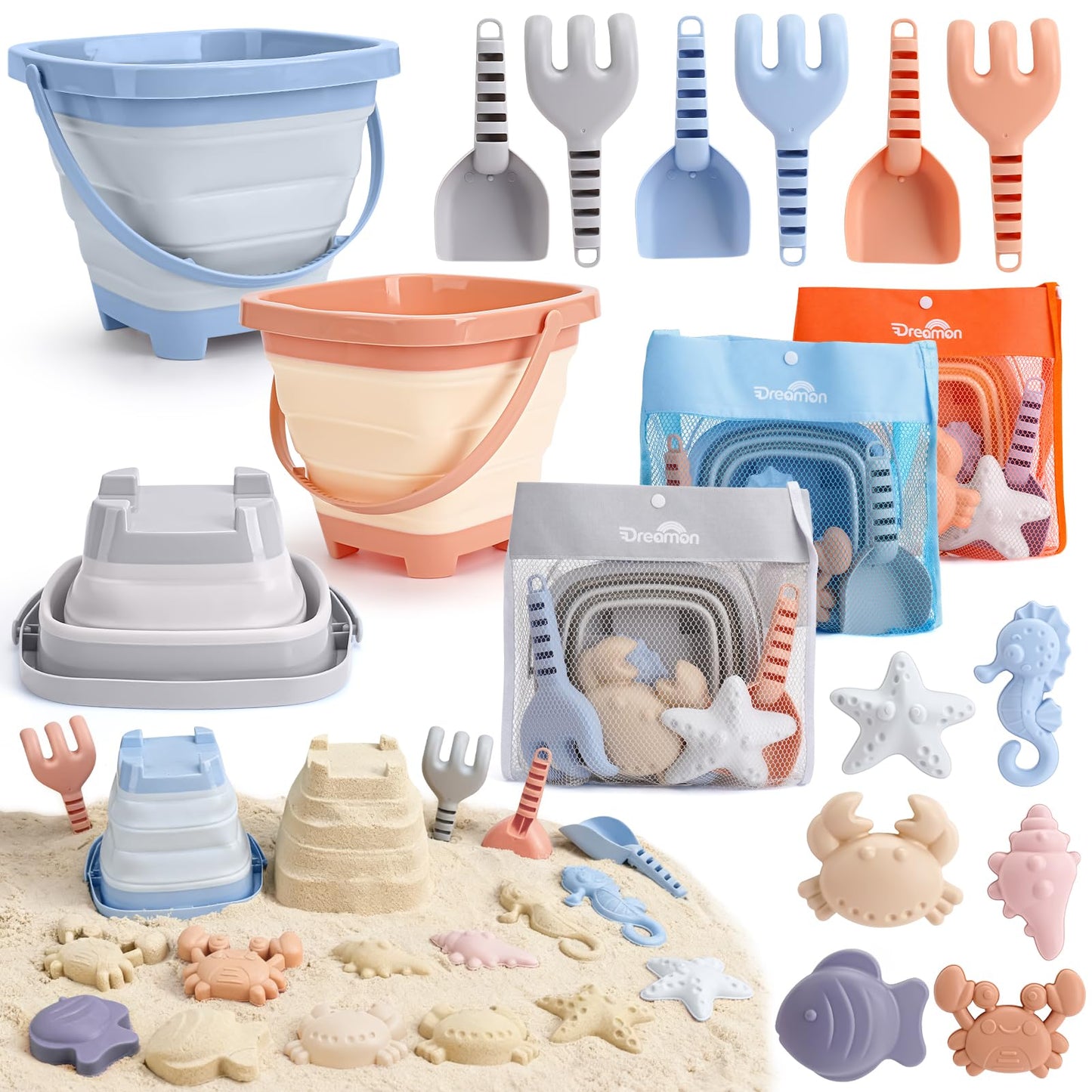 HotDreamon Beach Toys Set for Kids 3-10, Collapsible Sand Buckets with Beach Molds and Mesh Bag, 3 Pack Shovels Set Sand Toys for Beach, Sandbox Travel Toys for Toddlers Kids