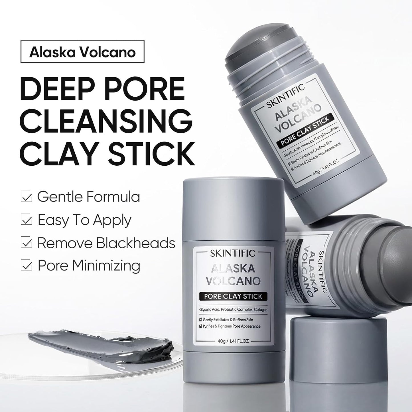HotSKINTIFIC Deep Pore Cleansing Blackhead Remover Face Mask Stick, Mud Mask with Natural Alaska Volcano Clay, Gentle Exfoliating, Smoothing Skin, Non-Drying, Skincare Facial Mask | Deep Pore Cleansing Mud Mask For Gentle Exfoliating, Smoothing Skin And N