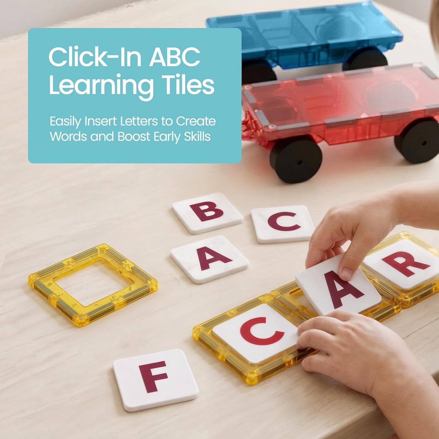 Hot Playmags Magnetic Tiles for Kids 100-Piece Set, STEM Educational Building Blocks Toys for Kids, Includes Click-in ABC Learning Tiles, Gift for Boys & Girls, Add on Magnetic Figures, Car Set Available