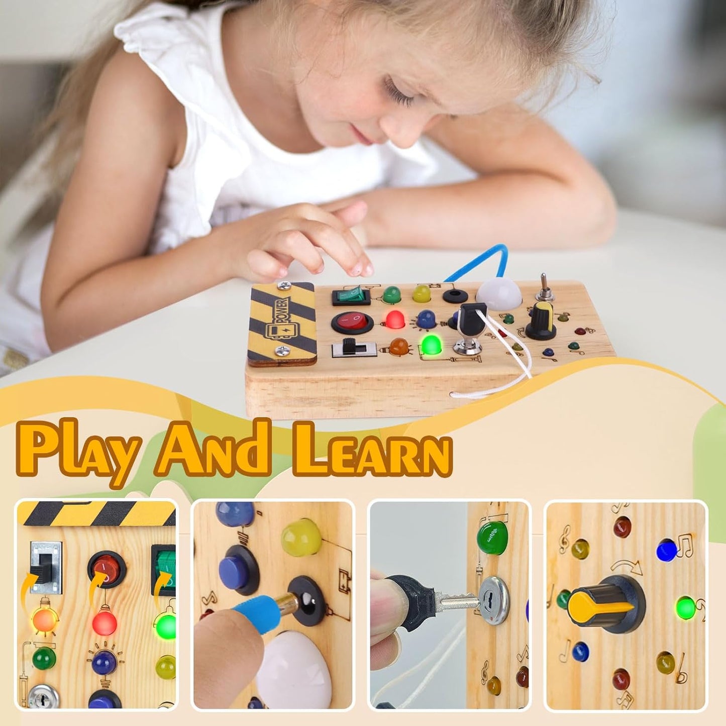 Hot Hoarosall Montessori Wooden Busy Board with 8 LED Light switches, Sensory Toys Light Switch Travel Toys for 1+ Year Old Baby and Toddler