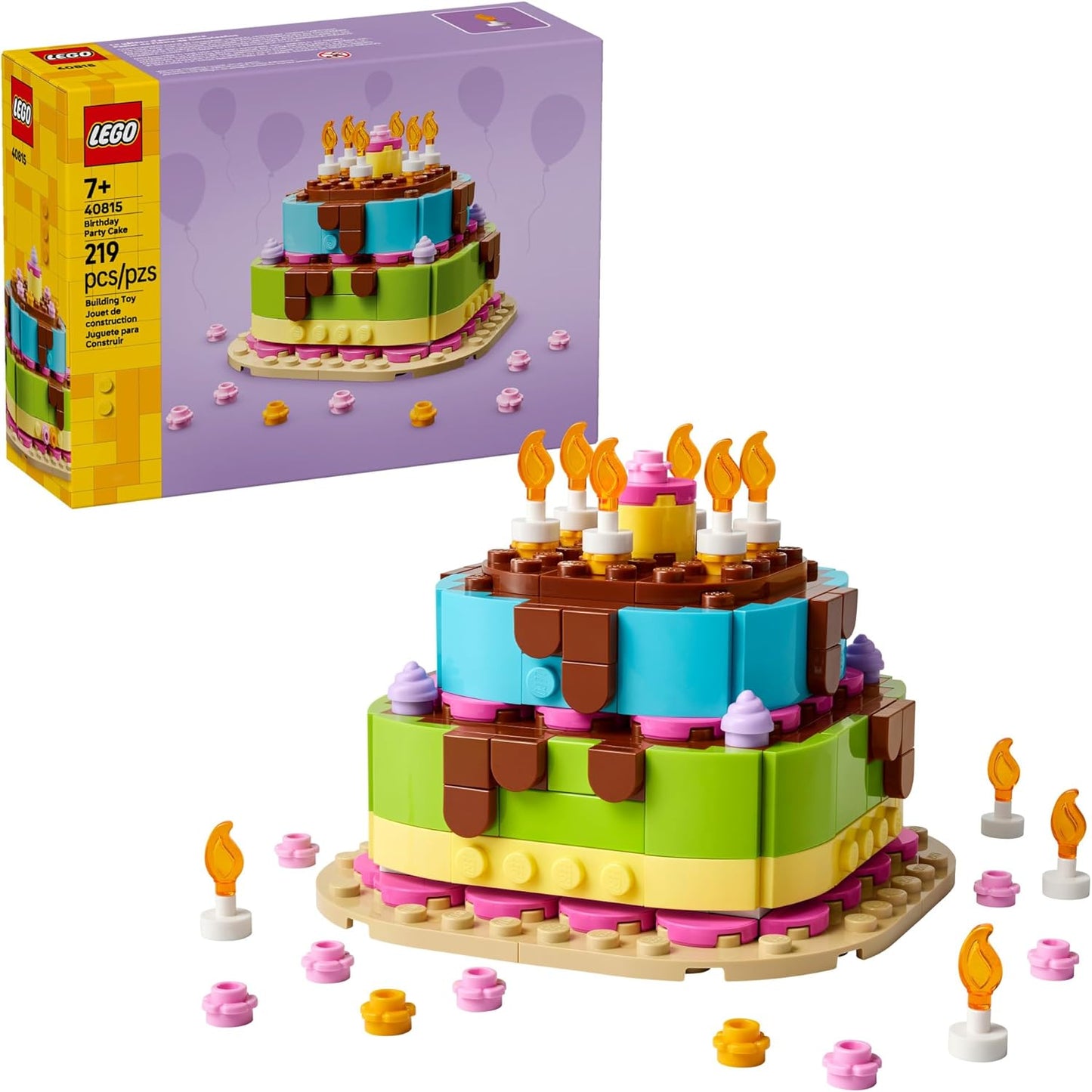 HotLEGO Birthday Party Cake - Building Toy for Boys & Girls, Ages 7+ - Birthday Decoration with 10 Candle Accessories - Craft for Kids - 40815