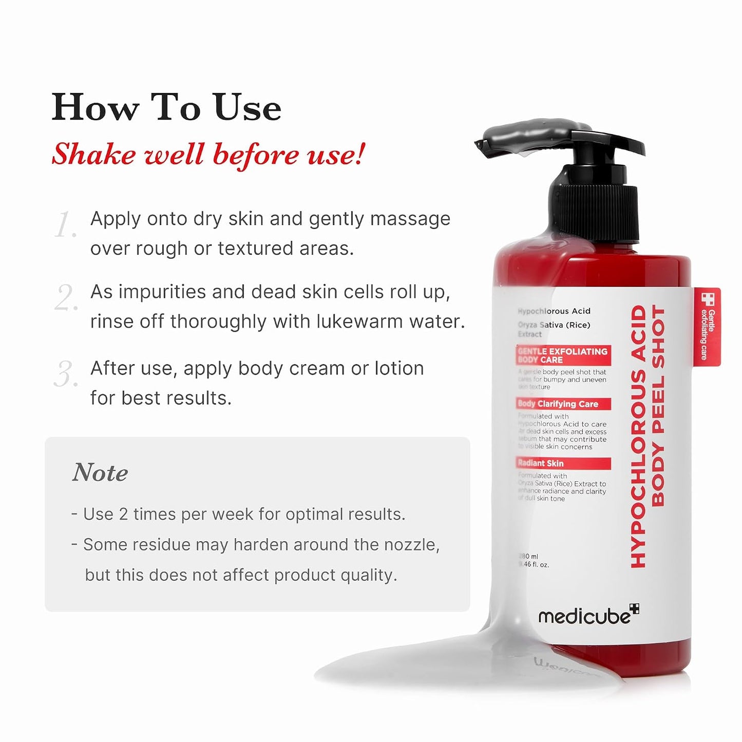 Hotmedicube Body Peel Shot with Hypochlorous Acid | Gentle Body Exfoliating for Dead Skin Cells & Uneven Texture - Rice Extract, Panthenol for Hydrating & Smoothing, 9.46 fl.oz