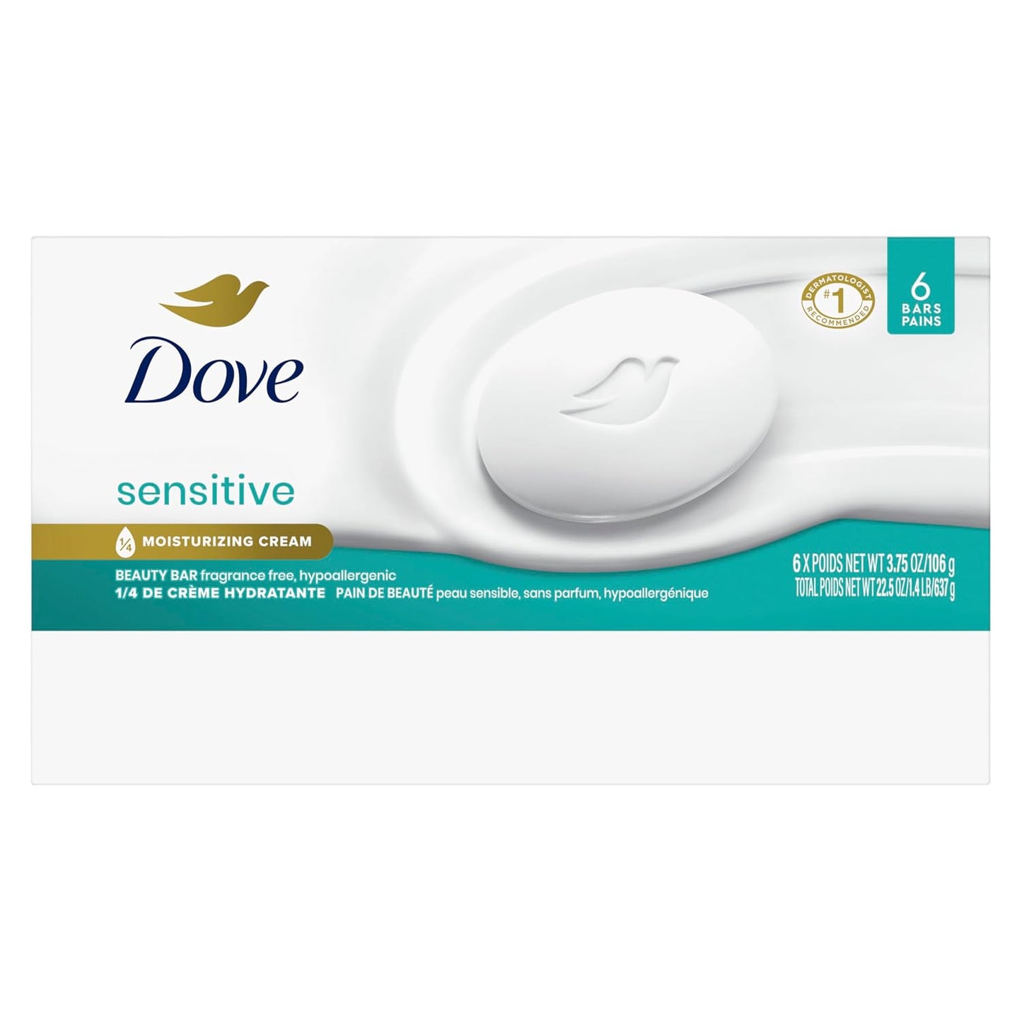 HotDove Beauty Bar Soap Sensitive, 6 Bars for Sensitive Skin, Fragrance Free and Hypoallergenic 3.75 oz