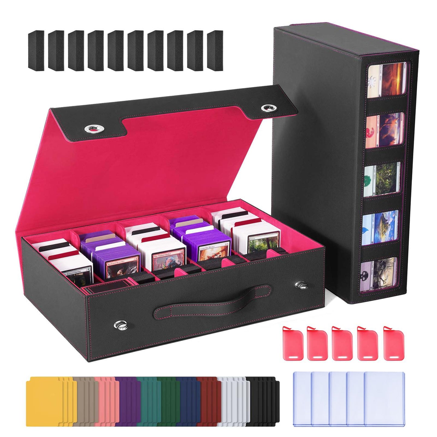 Hot UAONO Trading Card Storage Box, Holds 1800 Sleeved Cards with 10 Dividers & 3 Stoppers, Magnetic Closure PU Leather Card Case for MTG, PTCG, YGO, Sports Cards (Black)