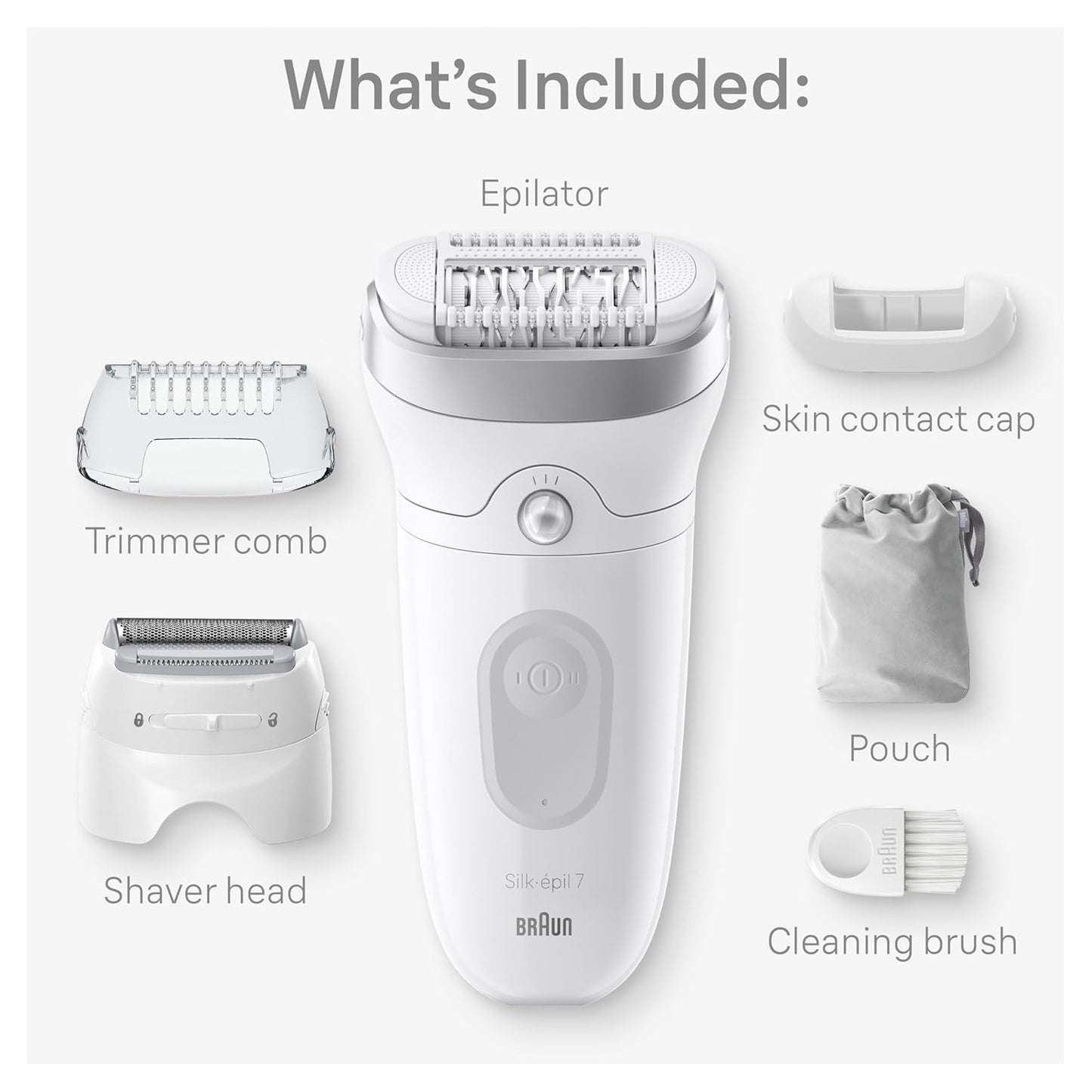 HotBraun Epilator Silk-épil 7, Hair Removal Device, Women Shaver & Trimmer, Wet and Dry, Wide Head, Includes Shaver Head and Trimmer Comb, SE7-041, Silver